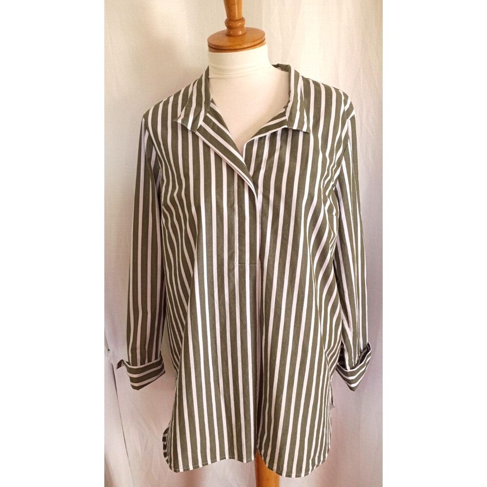 J Jill Green/White Striped  1/2 Button Coastal Cotton  Tunic Size Large